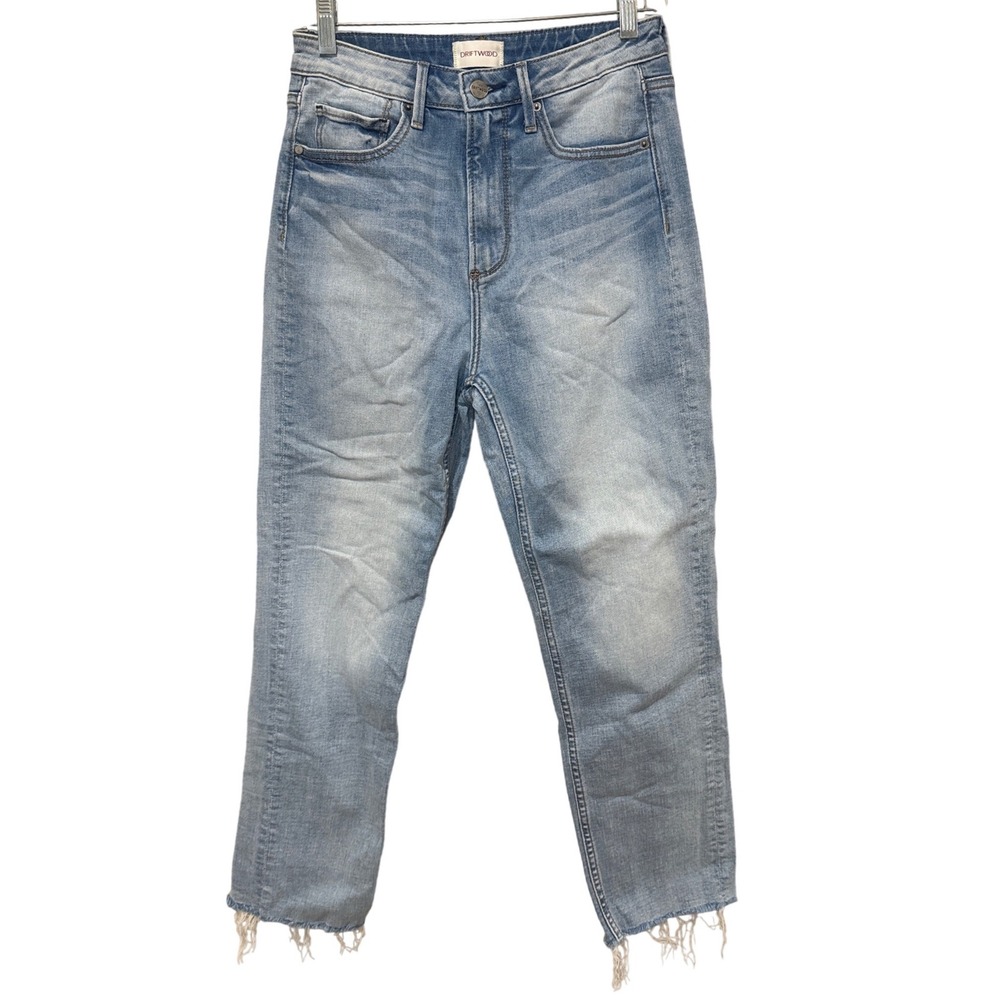 Driftwood Royce High Rise Straight Leg Jeans Blue Light Wash Raw Hem Size 25